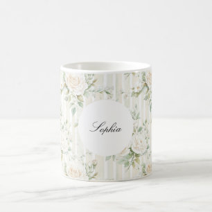 Taza De Café Rubor Romántico Rosas Blancas Rayas Florales  