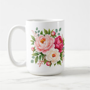 Taza De Café Rubor Romántico y Peonías de Acuarela de Frambuesa