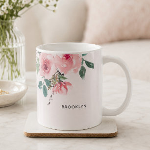 Taza De Café Rubor Rosa Acuarela Floral Precioso