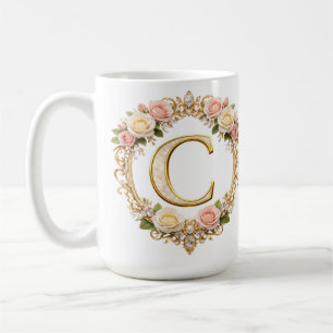 Taza De Café Rubor Rosa Dorado Floral Monograma Letra C Boda