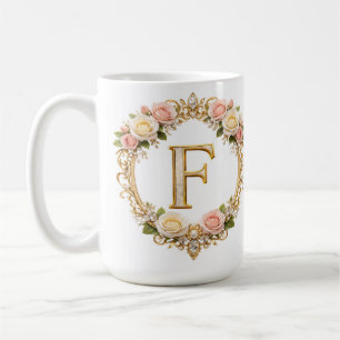Taza De Café Rubor Rosa Dorado Floral Monograma Letra F Boda