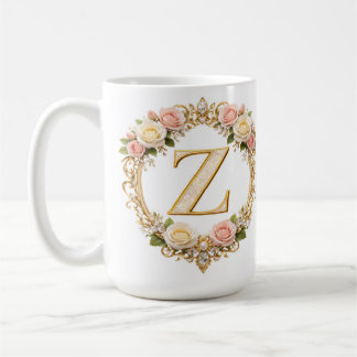 Taza De Café Rubor Rosa Dorado Floral Monograma Letra Z Boda