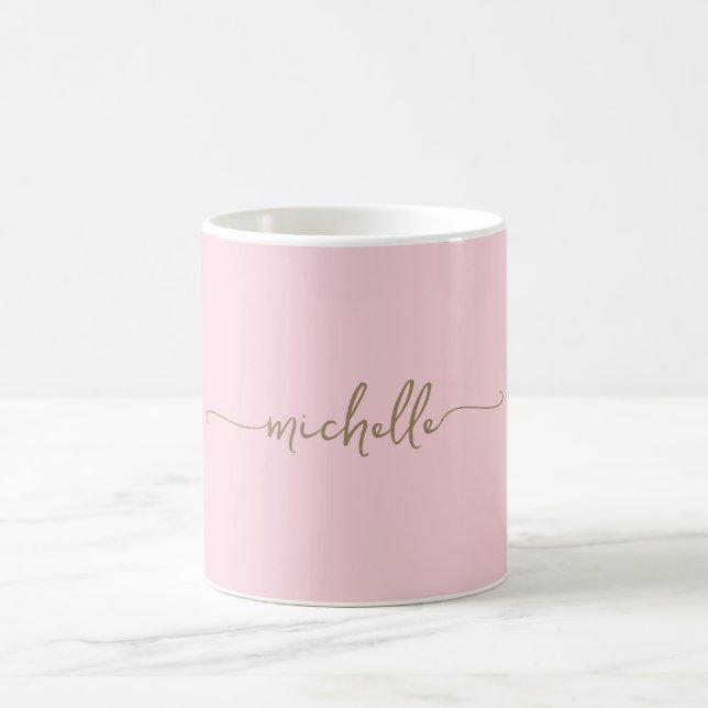Taza De Café Rubor Rosa Elegante Oro Monograma Firma Script (Centro)