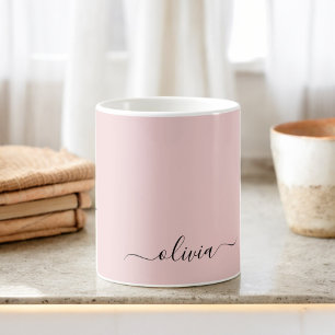 Taza De Café Rubor Rosa Polvo Monograma Nombre Moderno Script