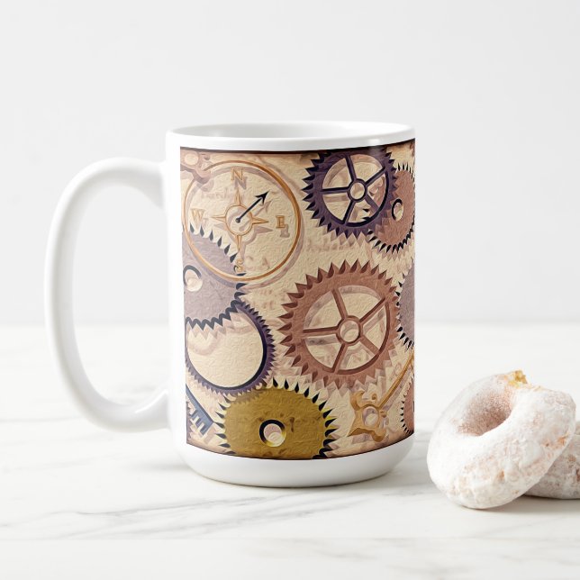 Taza De Café Ruedas Steampunk, engranajes, llaves, pintura de a (Con donut)
