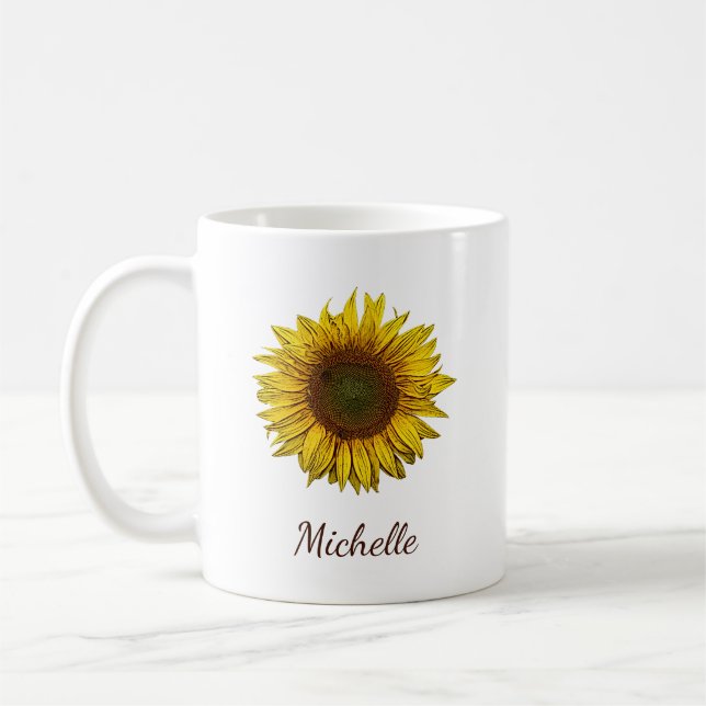 Taza De Café Rustic Boho Sunflower Botanical Personalized (Izquierda)