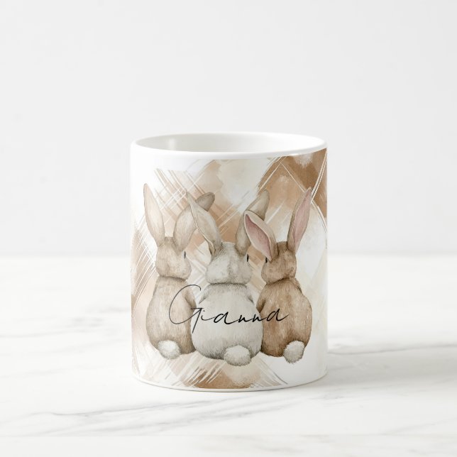 Taza De Café Rustic Cream Brown Stripes Three Bunny Rabbits (Centro)