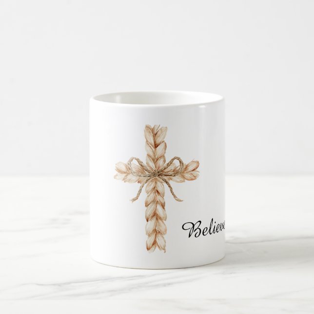Taza De Café Rustic Cream Cross with Bow Believe (Centro)