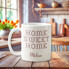 Taza De Café Rustic Faux Cross Stitch Hogar dulce hogar Borgoña