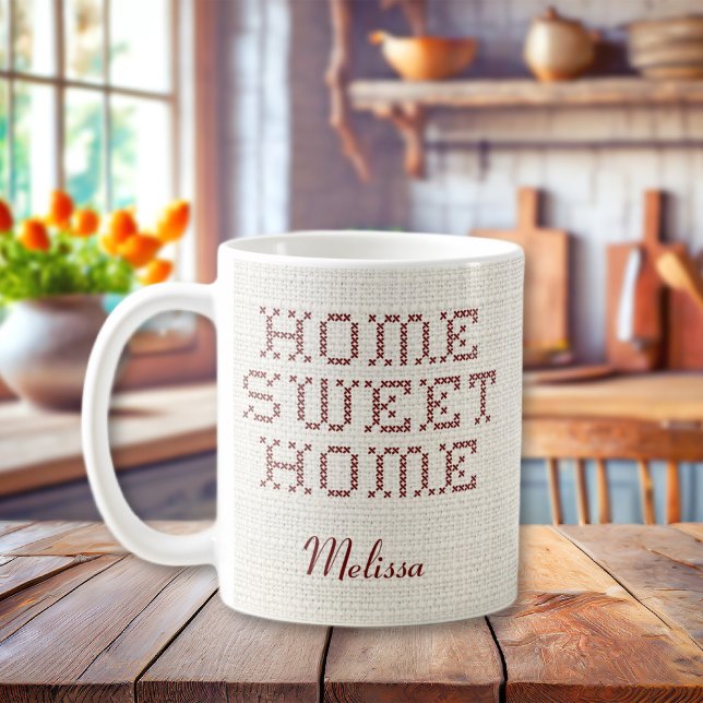 Taza De Café Rustic Faux Cross Stitch Hogar dulce hogar Borgoña (Rustic Faux Cross-Stitch Home Sweet Home Burgundy Coffee Mug
)