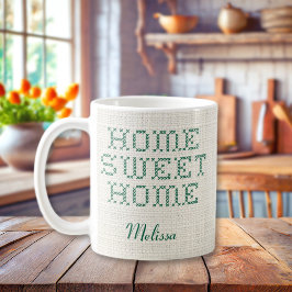 Taza De Café Rustic Faux Cross Stitch Hogar dulce hogar verde