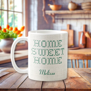 Taza De Café Rustic Faux Cross Stitch Hogar dulce hogar verde