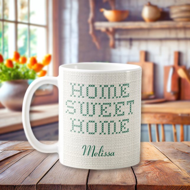 Taza De Café Rustic Faux Cross Stitch Hogar dulce hogar verde (Rustic Faux Cross-Stitch Home Sweet Home Green Coffee Mug
)