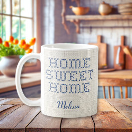 Taza De Café Rustic Faux Cross Stitch Home Sweet Home Blue