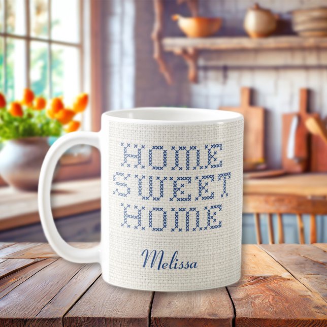 Taza De Café Rustic Faux Cross Stitch Home Sweet Home Blue (Rustic Faux Cross-Stitch Home Sweet Home Blue Coffee Mug
)