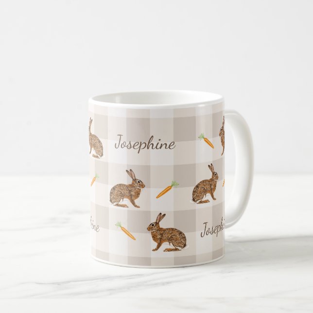 Taza De Café Rustic Hare And Carrots With Name Beige Gingham (Anverso derecho)