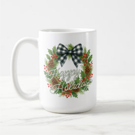 Taza De Café Rustic Holly Wreath White Black Checkered Bow