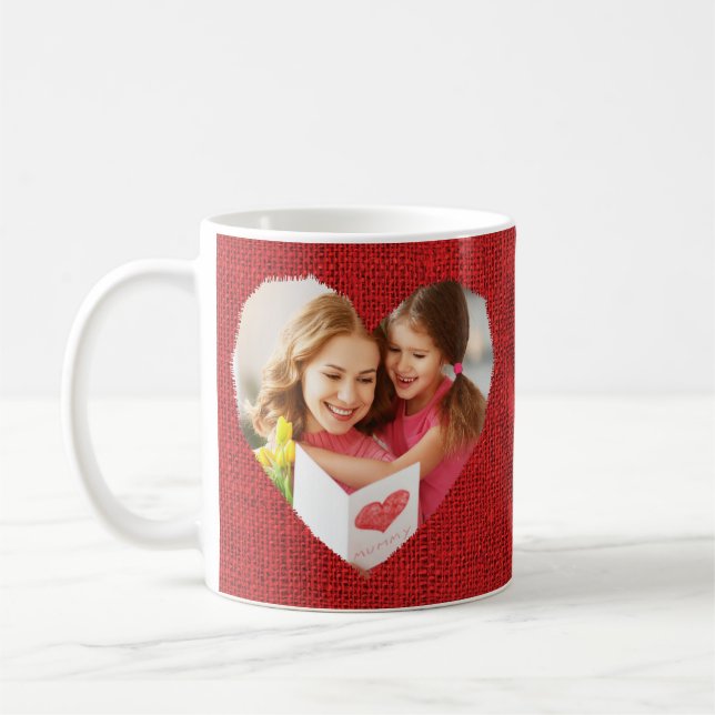 Taza De Café Rustic Red Burlap Heart Mom foto Día de la Madre (Izquierda)