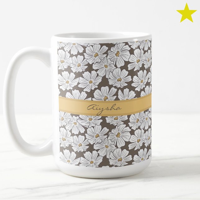 Taza De Café Rustic White Flower Sketch Yellow Gray Custom Name (Subido por el creador)
