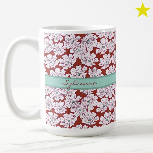 Taza De Café Rustic White Flowers Sketch Red Teal Custom Name (Subido por el creador)