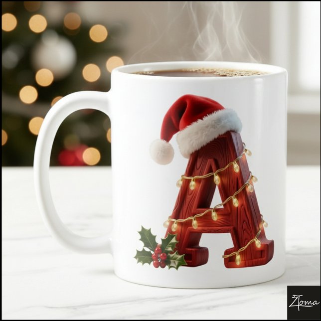 Taza De Café Rustic Wood Christmas Letter A String Lights (Subido por el creador)