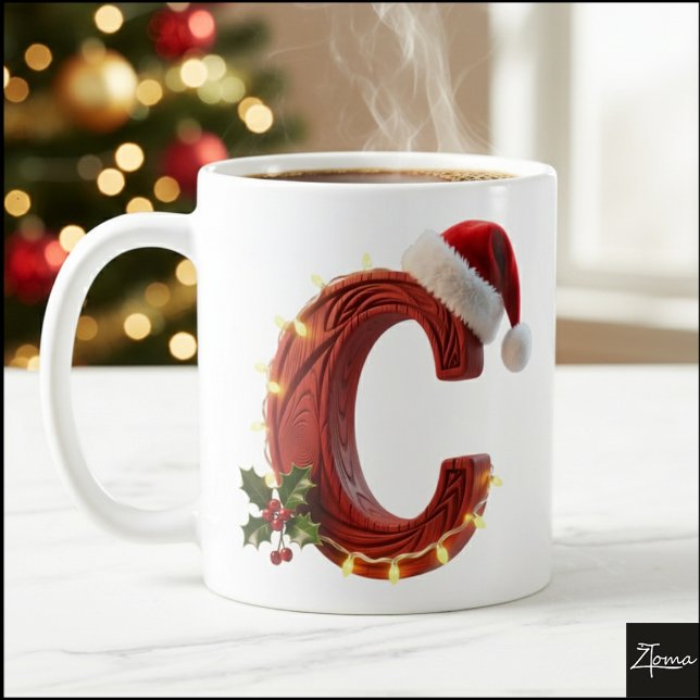 Taza De Café Rustic Wood Christmas Letter C String Lights (Subido por el creador)