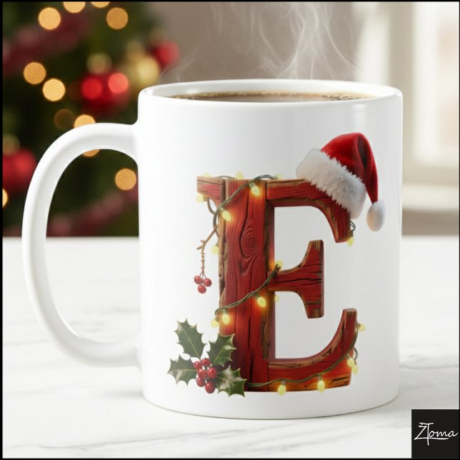 Taza De Café Rustic Wood Christmas Letter E String Lights (Subido por el creador)
