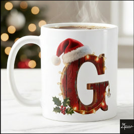 Taza De Café Rustic Wood Christmas Letter G String Lights