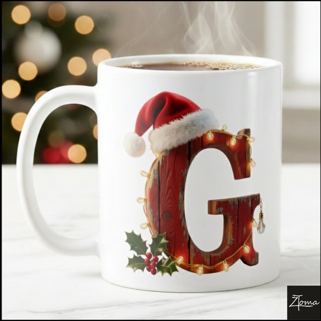 Taza De Café Rustic Wood Christmas Letter G String Lights (Subido por el creador)