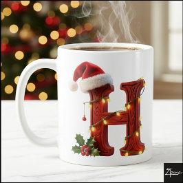 Taza De Café Rustic Wood Christmas Letter H String Lights
