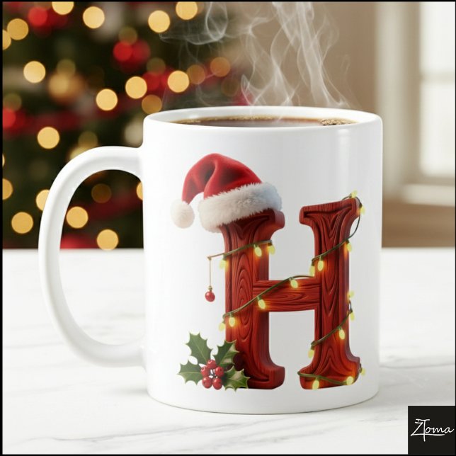 Taza De Café Rustic Wood Christmas Letter H String Lights (Subido por el creador)