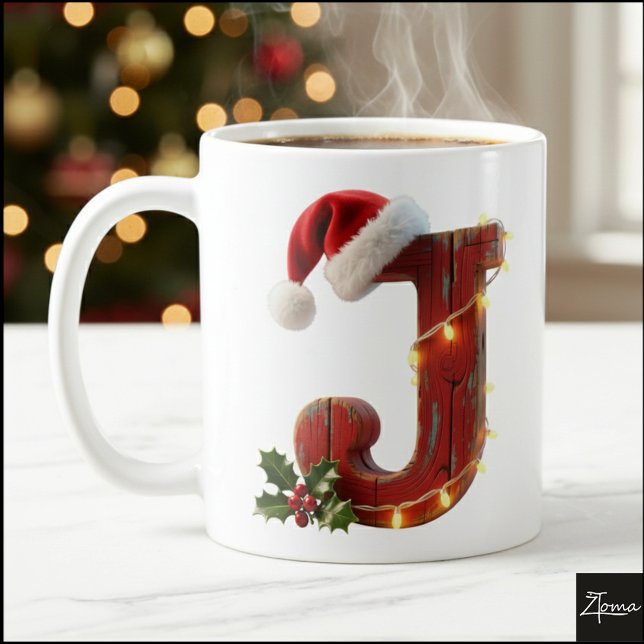 Taza De Café Rustic Wood Christmas Letter J String Lights (Subido por el creador)