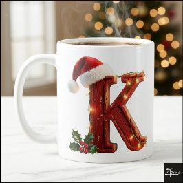 Taza De Café Rustic Wood Christmas Letter K String Lights