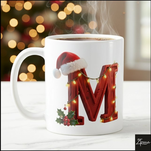Taza De Café Rustic Wood Christmas Letter M String Lights (Subido por el creador)
