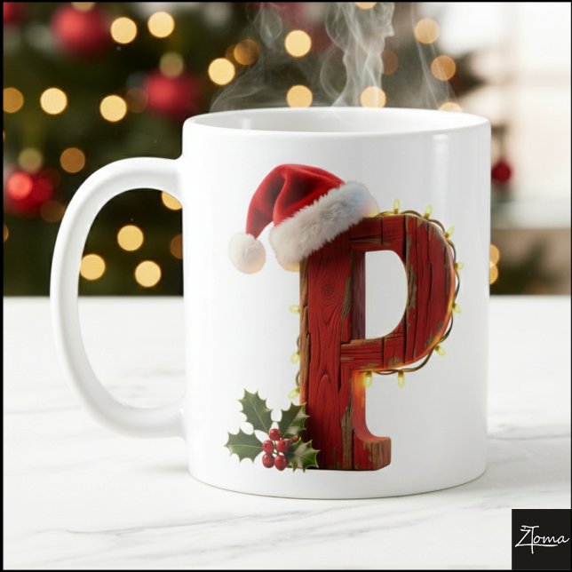 Taza De Café Rustic Wood Christmas Letter P String Lights (Subido por el creador)