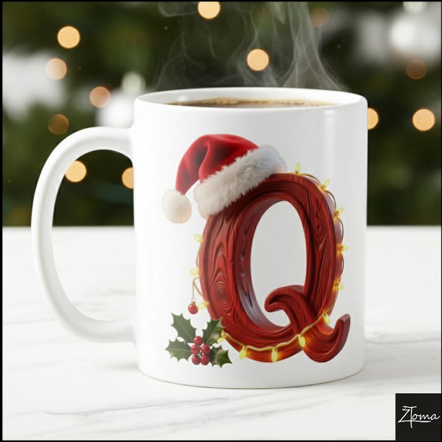 Taza De Café Rustic Wood Christmas Letter Q String Lights (Subido por el creador)