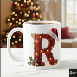 Taza De Café Rustic Wood Christmas Letter R String Lights
