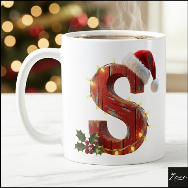 Taza De Café Rustic Wood Christmas Letter S String Lights (Subido por el creador)