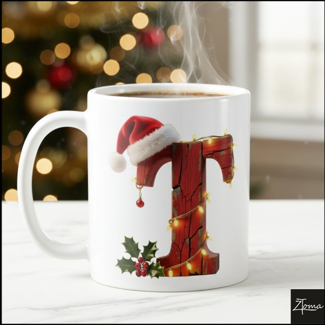 Taza De Café Rustic Wood Christmas Letter T String Lights (Subido por el creador)