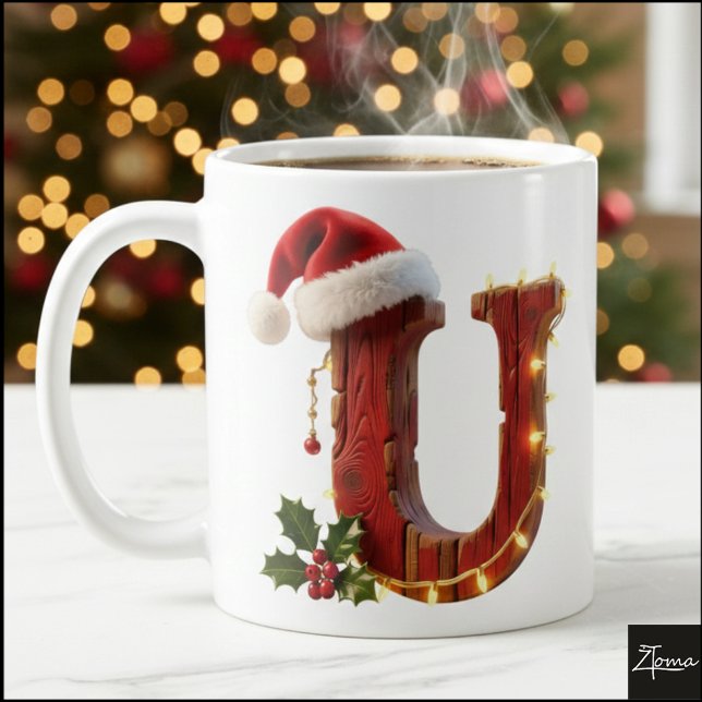 Taza De Café Rustic Wood Christmas Letter U String Lights (Subido por el creador)