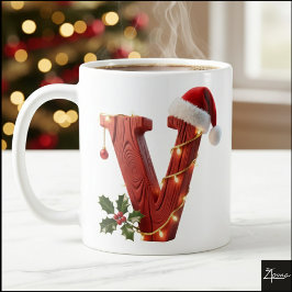 Taza De Café Rustic Wood Christmas Letter V String Lights
