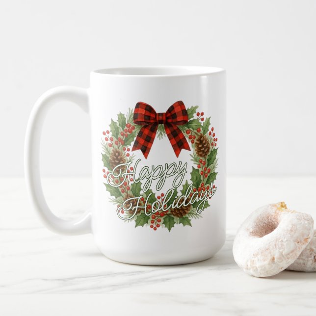 Taza De Café Rustic Wreath Red Black Checkered Bow Holiday (Con donut)