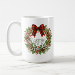 Taza De Café Rustic Wreath Red Black Checkered Bow Holiday