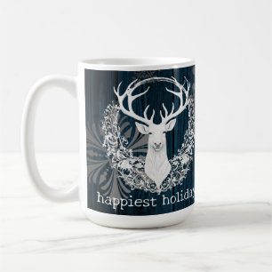 Taza De Café Rústica acuarela de reno blanco   Azul