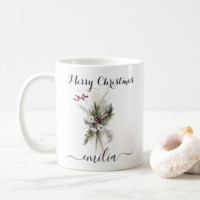 Taza De Café Rústica acuarela Pine Floral Merry Navidad Nombre (Con donut)