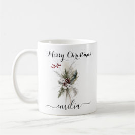 Taza De Café Rústica acuarela Pine Floral Merry Navidad Nombre