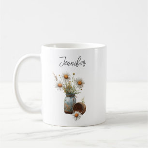 Taza de café rústica de flor de margarita de abril