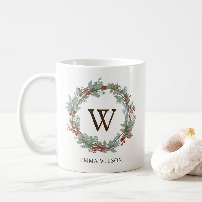 Taza de café rústica del monograma de la guirnalda (Con donut)