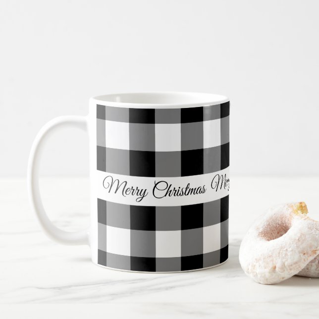 Taza De Café Rústico Black White Checkered Feliz Navidad (Con donut)