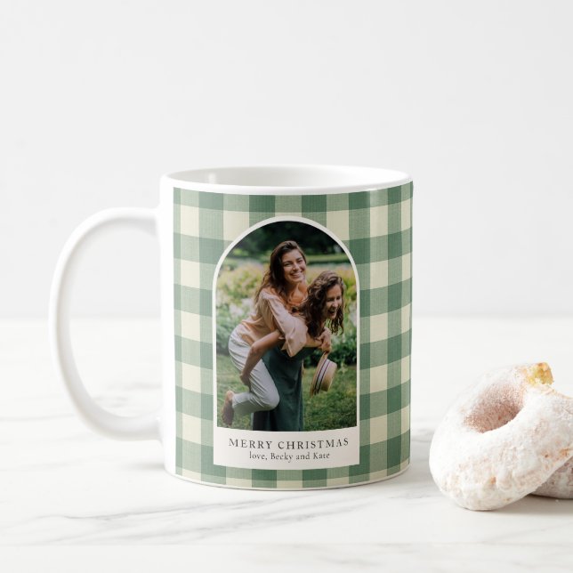 Taza De Café Rústico Green Gingham Arch Foto Navidades modernos (Con donut)
